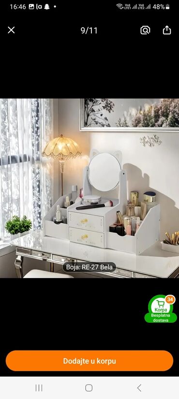 Neseseri: Organizator za kozmetiku u beloj boji sa ogledalom. Poseduje dve fioke — 3