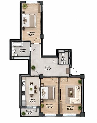 гаснитса бишкек: 3 комнаты, 92 м², Элитка, 12 этаж, ПСО (под самоотделку) — 5