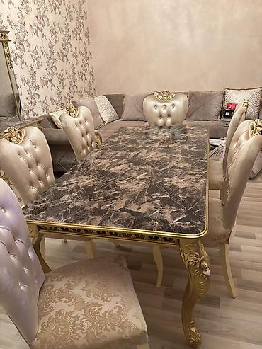 mermer panel: Klassik üslubda dəst mebel - Yemək masası və 6 nəfərlik stul: qəhvəyi — 7