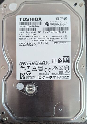 жёсткий диск hdd: Маалымат алып жүрүүчү, Колдонулган, Toshiba, HDD, 1 ТБ, ПК үчүн
