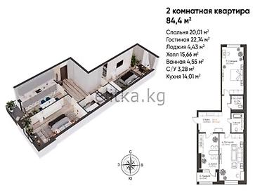 Продажа квартир: 2 комнаты, 84 м², Кок-Жар ж/м Элитка, 7 этаж, ПСО (под самоотделку) — 2