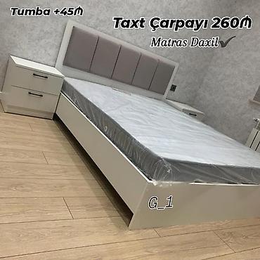 Taxt çarpayı – modern dizayn, yumşaq başlıqla. Rəng: ağ-gri