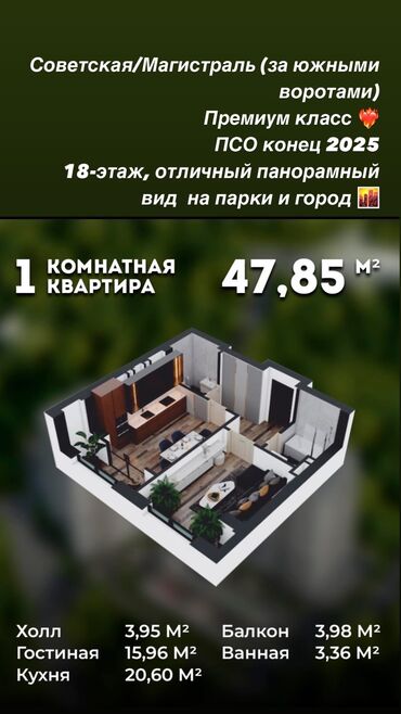 рассрочка квартира бишкек: 1 комната, 47 м²