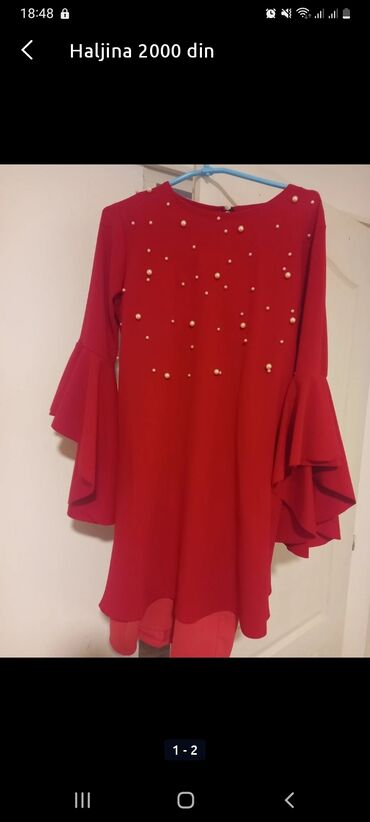 crvena plišana haljina: Color - Red, Evening, Long sleeves