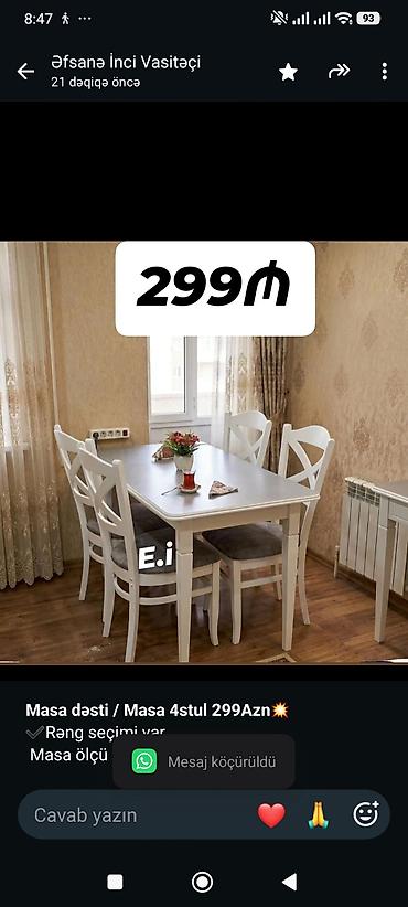*Masa dəsti / Masa 4stul 299Azn💥* ✔️Rəng seçimi var Masa ölçü 70x120