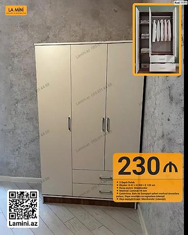 Mebel: 3 qapılı dolab – Kod: 1111 - Ölçülər: D 47 × H 200 × E 120 sm - Rəng — 1