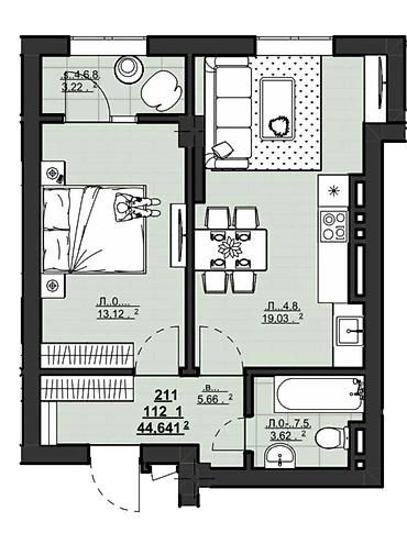 Продажа квартир: 1 комната, 44 м², АУЦА Элитка, 12 этаж, ПСО (под самоотделку) — 6