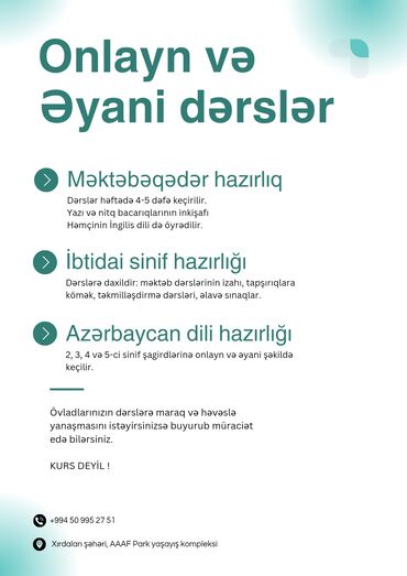 dəyanət hazırlıq kursları: Məktəbəqədər və ibtidai sinif hazırlığı, Azərbaycan dili, Əyani, Fərdi, Qrup