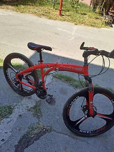 elektron velo: Qırmızı rəngli dağ velosipedi - Geniş profilli, üç qanadlı lehimli — 4