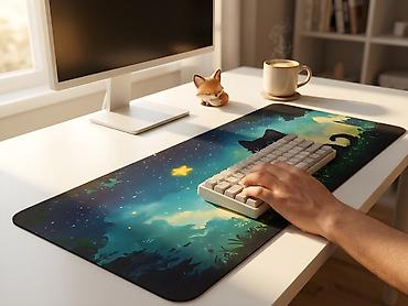 gaming kamputer: Böyük Ölçülü Gaming Mouse Pad (80x30 cm) – Qara Pişik & Ulduzlu — 5