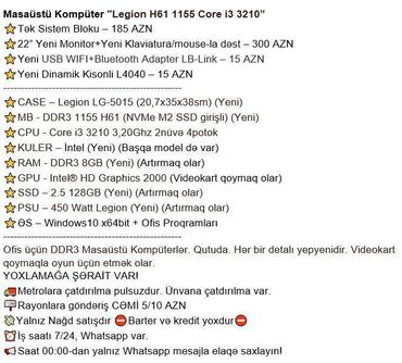 Masaüstü kompüterlər və iş stansiyaları: Masaüstü Kompüter "Legion H61 1155 Core i3 3210” ⭐Tək Sistem Bloku – -da lalafo.az — 2 Masaüstü kompüterlər və iş stansiyaları: Masaüstü Kompüter "Legion H61 1155 Core i3 3210” ⭐Tək Sistem Bloku – — 2