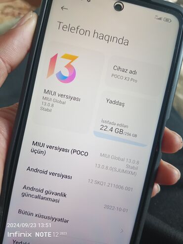 poco telefonları: Poco X3 Pro, 256 GB, rəng - Göy, Sensor, Barmaq izi, Face ID