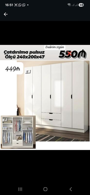 Dolablar: Açılan, 6 qapı Düz dolab, Qarderob, paltar dolabı — 6