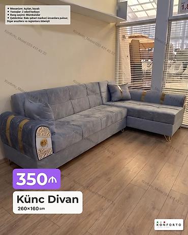 Mebel: Künc divan – 260×160 sm - Mexanizm: açılan, bazalı (yataq funksiyası — 1