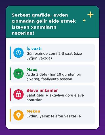 xanimlar ucun online is: Çağrı mərkəzi operatoru tələb olunur, Yalnız qadınlar üçün, Təcrübəsiz, İşəmuzd ödəniş — 1