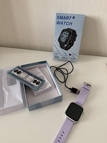 touch screen: Smart Watch – kvadrat ekranlı, bənövşəyi silikon qayışlı ağıllı saat — 4