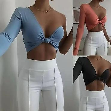 Topovi: Asimetrični ženski crop top sa čvorom - Dizajn: jedan dugi rukav + — 10