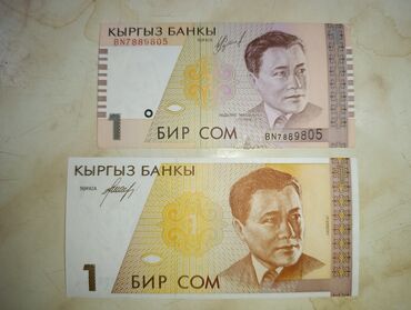 купюра: Бир сом 2-й серии 1994г. и 3-й серии 1999г. в банковском состоянии