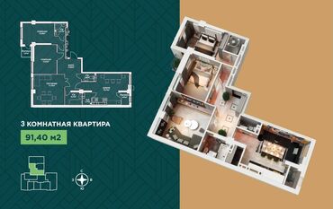 Продажа квартир: 3 комнаты, 91 м², Элитка, 6 этаж, ПСО (под самоотделку)