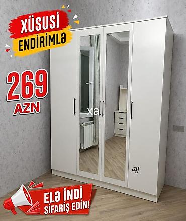 el misari: Ağ rəngli, 3 qapılı geyim dolabı. Orta hissədə iki ədəd tam ölçülü — 1