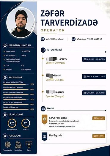 online is vakansiya: Оператор Call-центра, Мужчина, 23 лет, 3-5 лет опыта — 1