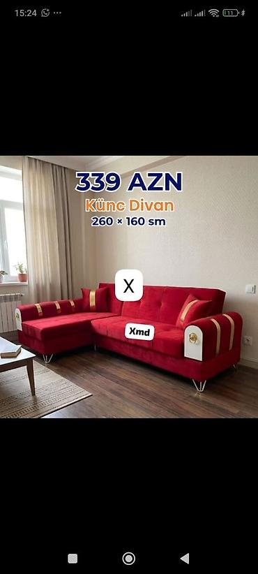 kunc divan ucuz: Künc Divan – 260 × 160 sm - Rəng: parlaq qırmızı - Forması: L-şəkilli — 1