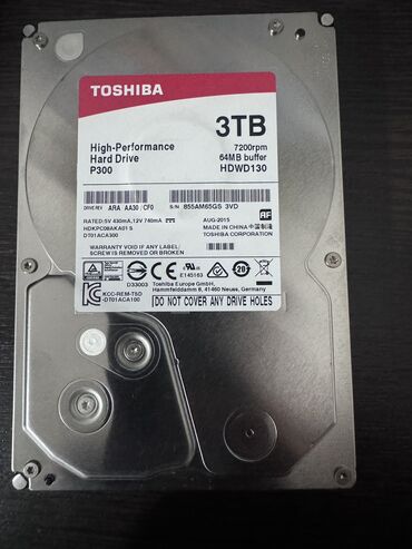 жёсткий диск 2: Маалымат алып жүрүүчү, Колдонулган, Toshiba, HDD, 3 ТБ, 3.5", ПК үчүн