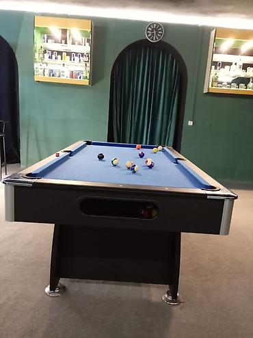 bilyard stolu: Bilard (pool) masası – mavi örtüklü, 6 dəlikli - Ölçü: tam ölçülü — 4
