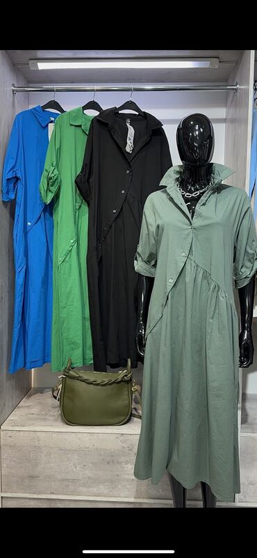 Женская одежда: Повседневное платье, Италия, Лето, Длинная модель, Хлопок, Платье-рубашка, One size