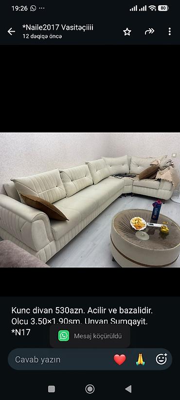 Kunc divan 530azn. Acilir ve bazalidir. Olcu 3.50×1.90sm. Unvan