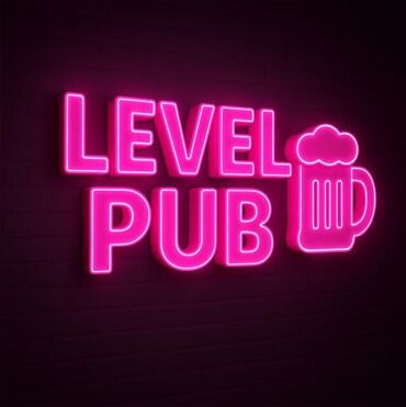 вывеска наружная световая: Neon işıq lövhəsi – “LEVEL PUB” - Parlaq çəhrayı neon yazı: “LEVEL