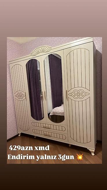 - Məhsul: 4 qapılı paltar dolabı - Rəng: Krem/ivori, qızılı naxışlarla