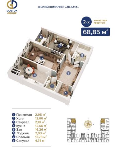 квартира в рассрочку бишкек: 2 комнаты, 69 м², Элитка, 9 этаж, ПСО (под самоотделку)