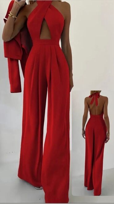 Toy paltarları və aksesuarları: Qırmızı rəngli elegant kombinezon - Model: geniş balaqlı, yüksək