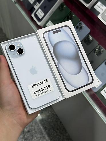 IPhone 15, Б/у, 128 ГБ, Голубой, Защитное стекло, Чехол, Кабель, В рассрочку, 91 %