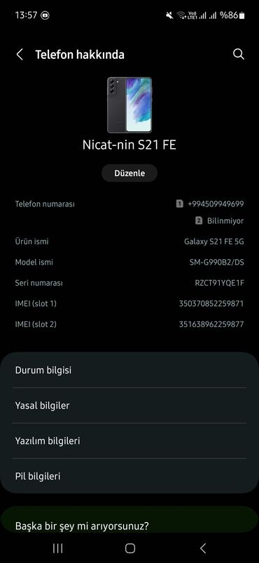 Samsung: Samsung Galaxy S21 FE, 128 GB, rəng - Boz, Barmaq izi, İki sim kartlı, Face ID