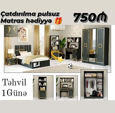 Ev üçün mebel: Mələk Mebel yataq otağı dəsti – qızılı detallı qara dizayn Komplekt — 1