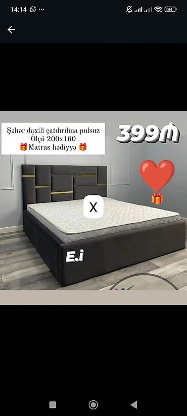 matras 160x200: Müasir dizaynlı iki nəfərlik çarpayı - Ölçü: 200x160 sm - Yumşaq parça — 1