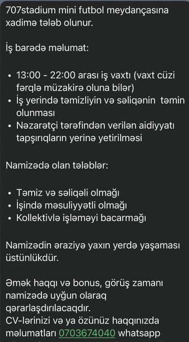 Otel, kafe, restoranlar: Xadimə tələb olunur, Növbəli qrafik