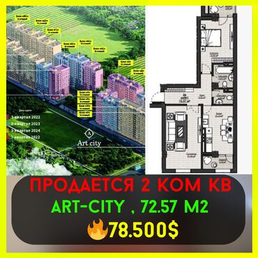 токмок дом квартира: 2 комнаты, 72 м², Элитка, 14 этаж, ПСО (под самоотделку)