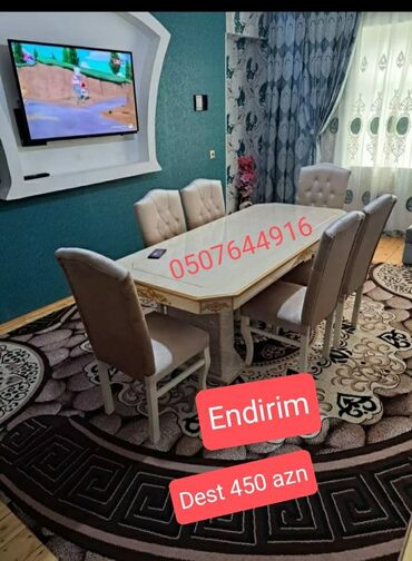 Masa və oturacaq dəstləri: Qonaq otağı üçün, Yeni, Açılan, Dördbucaq masa, 6 stul — 7