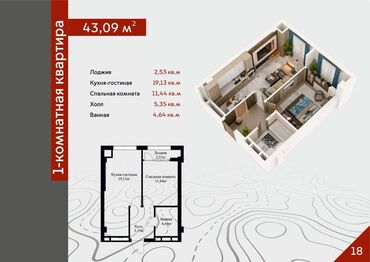 срочно продаётся 1 комнатная квартира в районе ошского рынка по улице кенсуйская: 1 комната, 43 м², Элитка, 3 этаж, ПСО (под самоотделку)