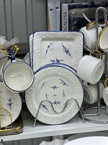 набор посуды люминарк 19 предметов: Набор столовой посуды из керамики/фарфора с синим декором. Состав и