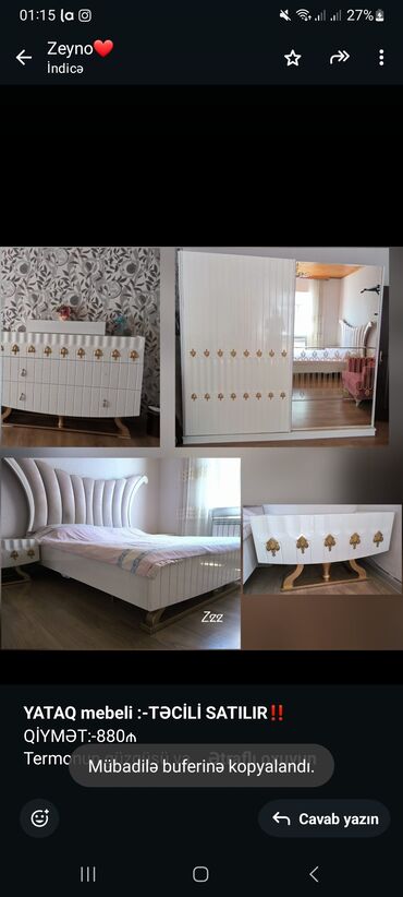 ceyran sobasi: *YATAQ mebeli :-TƏCİLİ SATILIR*‼️ QİYMƏT:-880₼ Termonun güzgüsü var