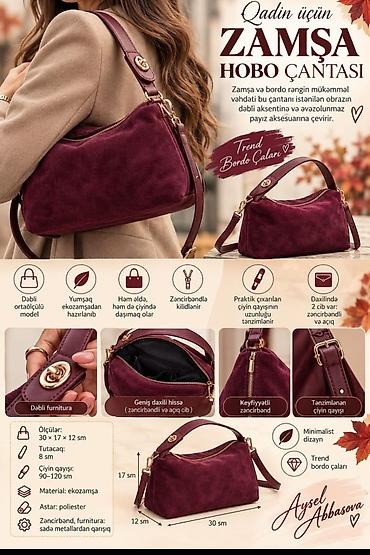 Qadın üçün zamşa hobo çantası – trend bordo çaları - Material: yumşaq