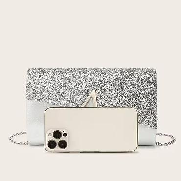 tod's torbe: Svečani set: srebrna šljokičasta torbica + komplet nakita od kristala — 4