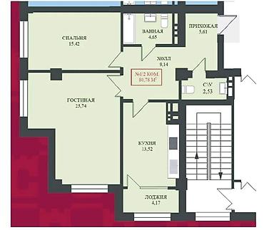 2 комнаты, 80 м², Восток-5 мкр 13 этаж, ПСО (под самоотделку)