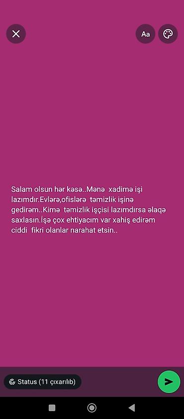 malyar isi: Salam .Təmizlik işi axtarıram işə çox ehtiyacım var. Ciddi iş — 1