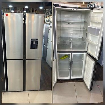 Dörd qapılı, side-by-side tipli inox soyuducu. Ön paneldə su paylayıcı
