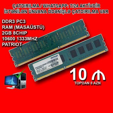 komputer ekrani: Operativ yaddaş (RAM) Patriot Memory, 2 GB, 1333 Mhz, DDR3, PC üçün, İşlənmiş